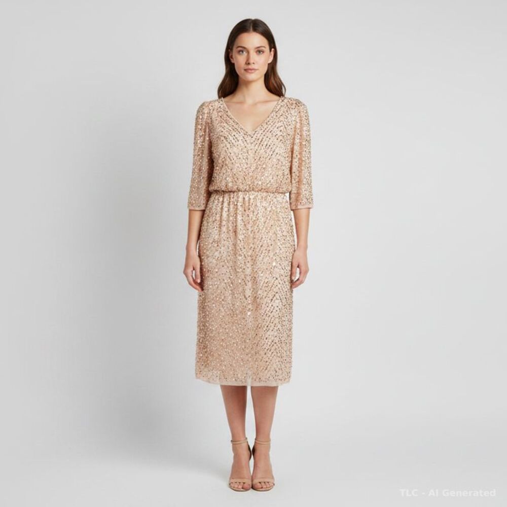 Jenny Packham Pink-Gold Chiffon Sequin Embellished Midi Dress M